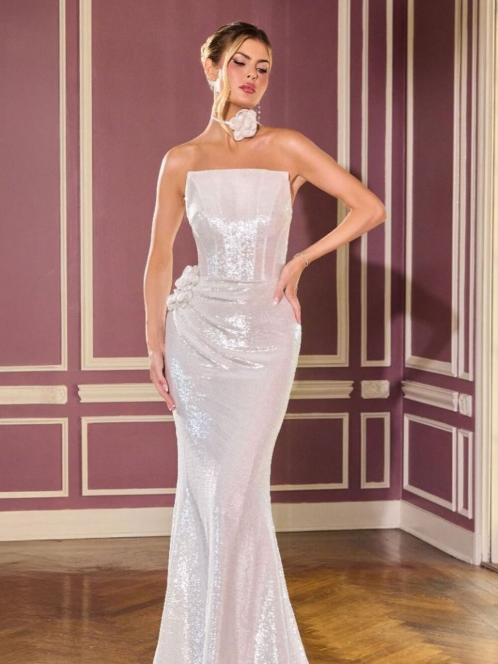 New Off White Intricate Sequins Embellished Pageant Festive Mermaid Gown CD J905 - Picture 1 of 10